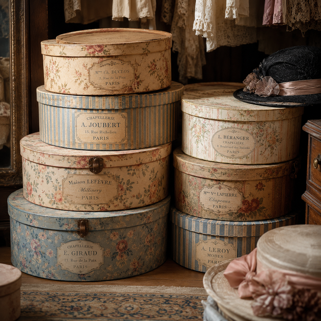 Les boîtes pour capelines et chapeaux féminins — larges, basses, souvent recouvertes de papier fleuri